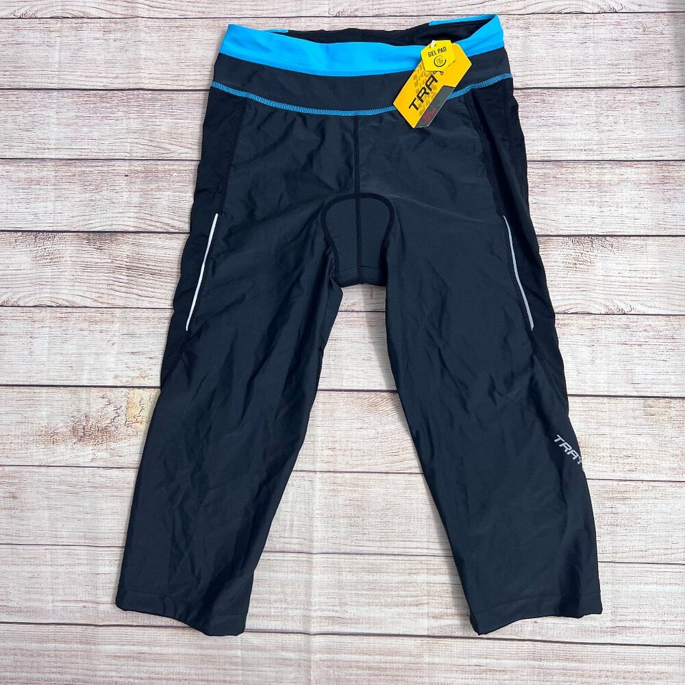 TRAYL Cycling Knickers Women Small Black‎ Blue Gel Padded Capri Bike Pants NEW